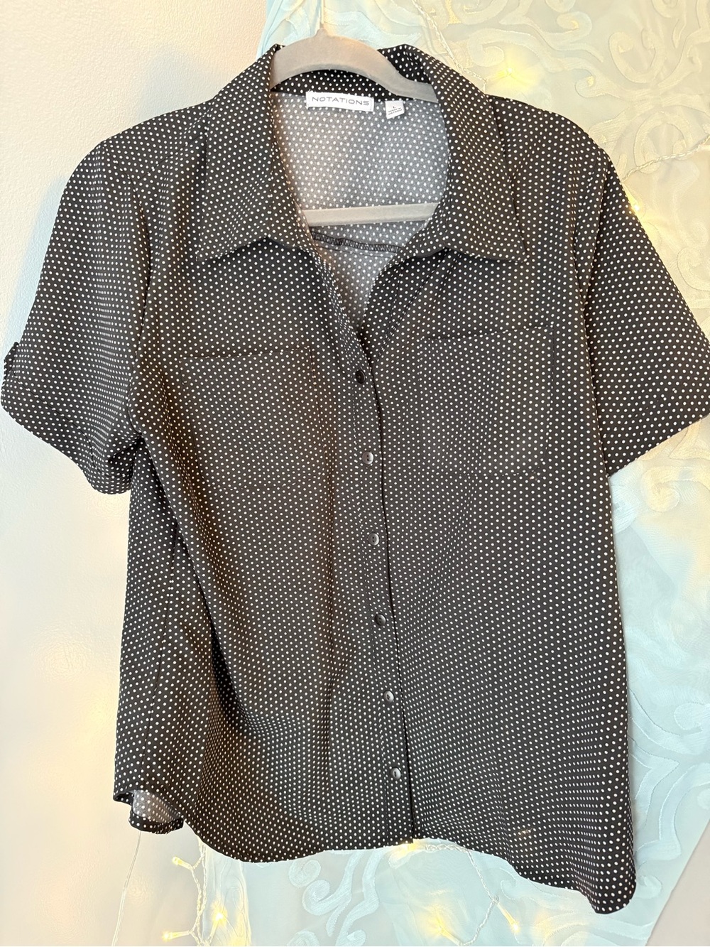 Notations Black White Polka Dot Button Down Blouse Size L